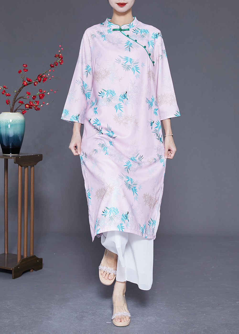 Light Pink Mandarin Collar Print Cotton Dresses Bracelet Sleeve