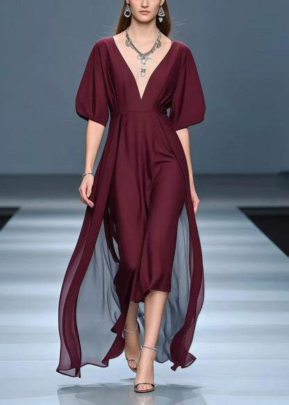 Mulberry Deep-v Neck Exra Large Hem Chiffon Vacation Dresses Summer