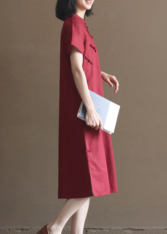 Mulberry Mandarin Collar Oriental Button Side Open Cotton Linen Dresses Short Sleeve