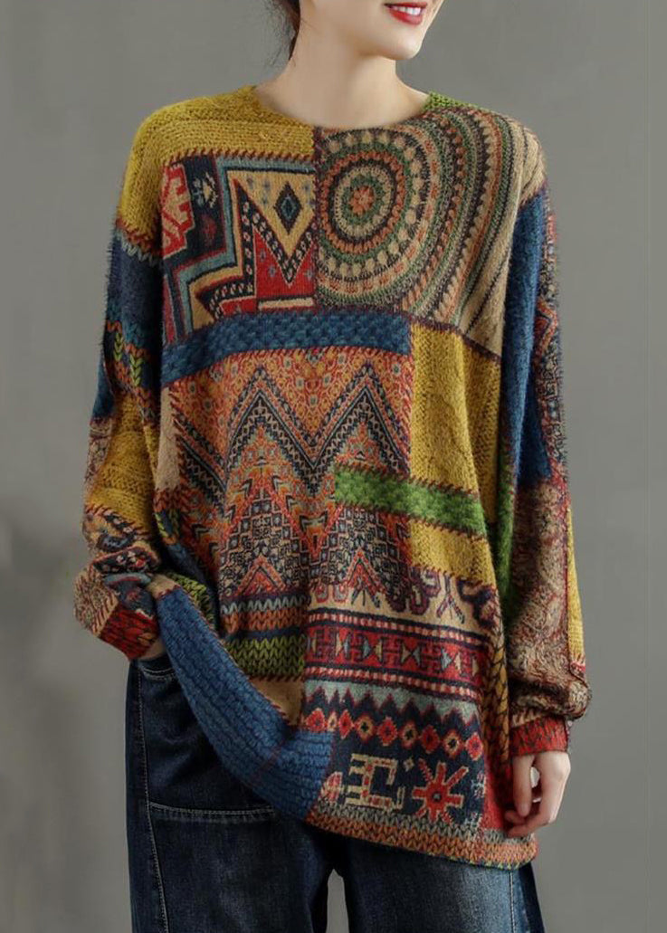 Multi Patchwork Cozy Mink Hair Knitted Sweaters Long Sleeve