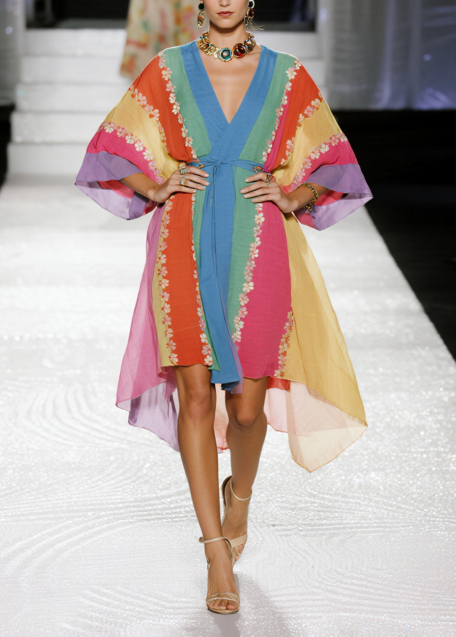 Multicolored Striped Flower Cotton Tunic Dress Summer