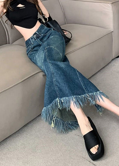 Navy High Waist Patchwork Tassel Denim Maxi Skirts Summer