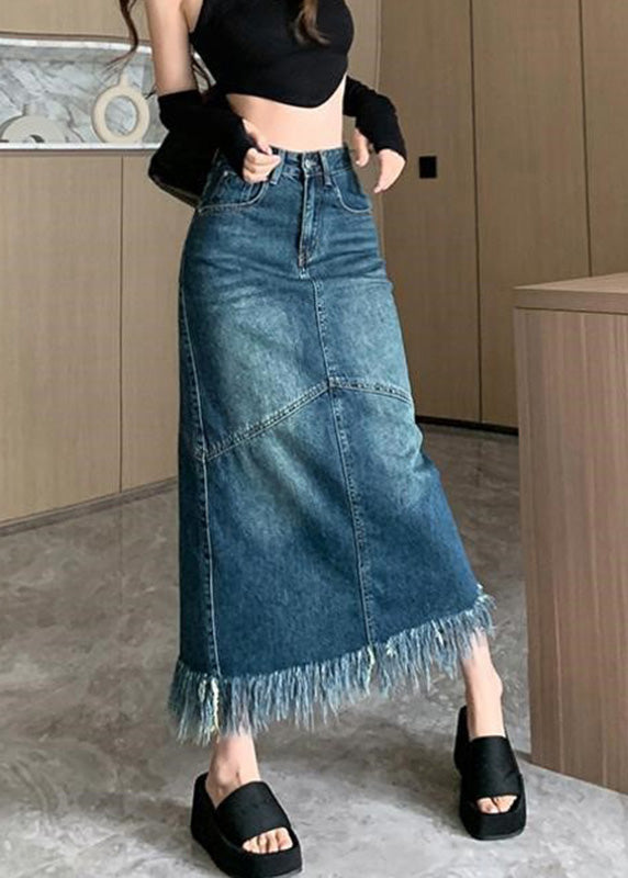 Navy High Waist Patchwork Tassel Denim Maxi Skirts Summer