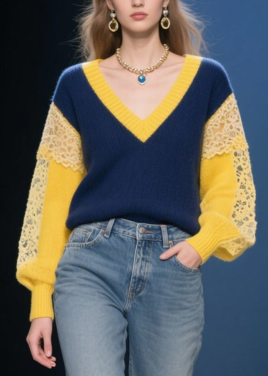 Navy Hollow Out Patchwork Lace Short Sweater Fall