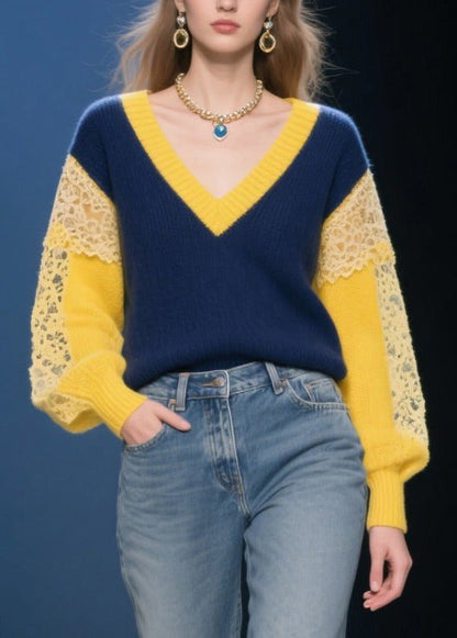 Navy Hollow Out Patchwork Lace Short Sweater Fall