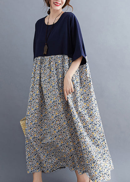 Navy O-neck Print Patchwork Maxi Dresses Half Sleeve