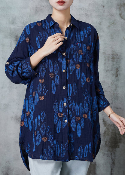 Navy Oversized Print Cotton Blouses Spring