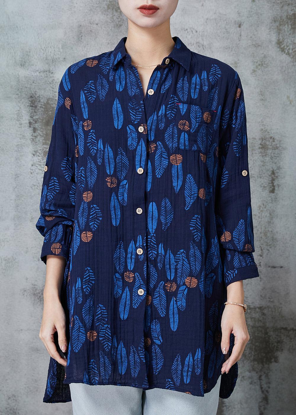 Navy Oversized Print Cotton Blouses Spring