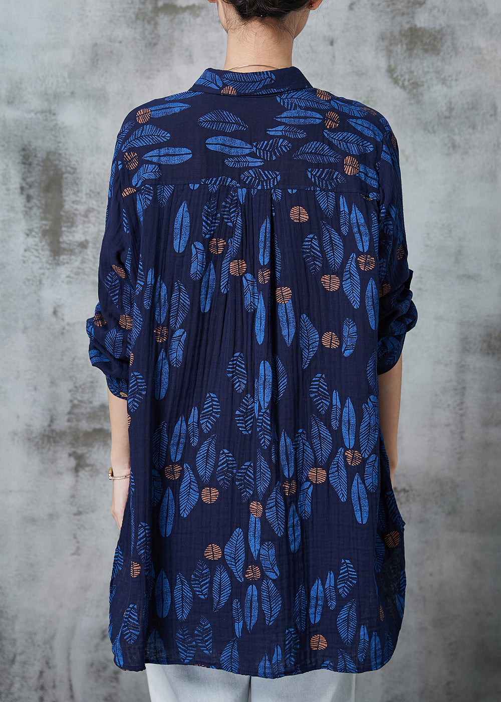 Navy Oversized Print Cotton Blouses Spring