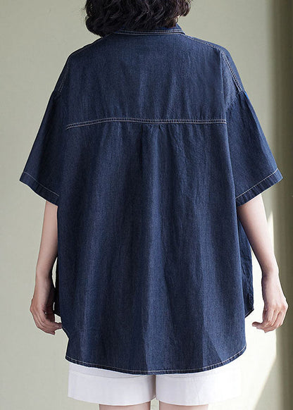 Navy Peter Pan Collar Patchwork Denim Shirt Top Summer