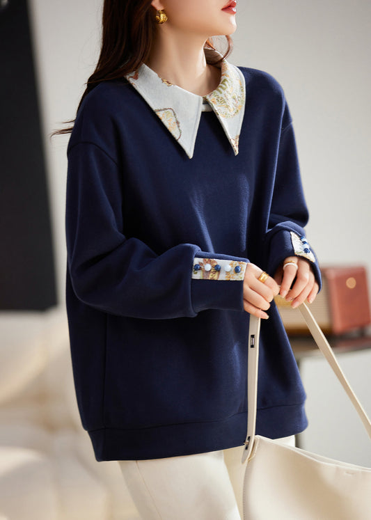 Navy Peter Pan Collar Patchwork Warm Fleece Pullover Tops Winter