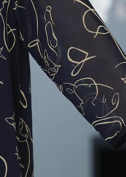 Navy Peter Pan Collar Print Patchwork Chiffon Shirt Bracelet Sleeve
