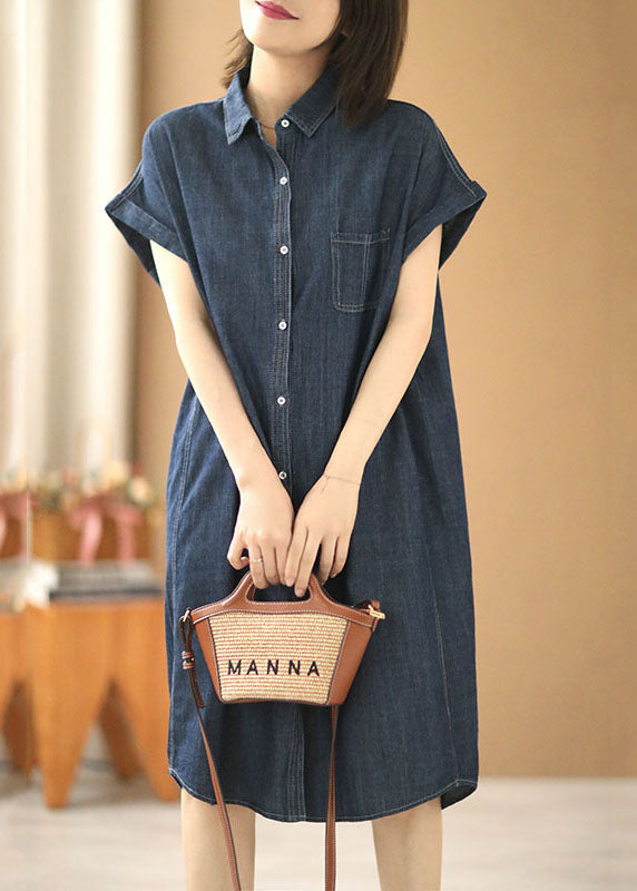 Navy Color Peter Pan Collar Button Cotton Denim Dresses Short Sleeve
