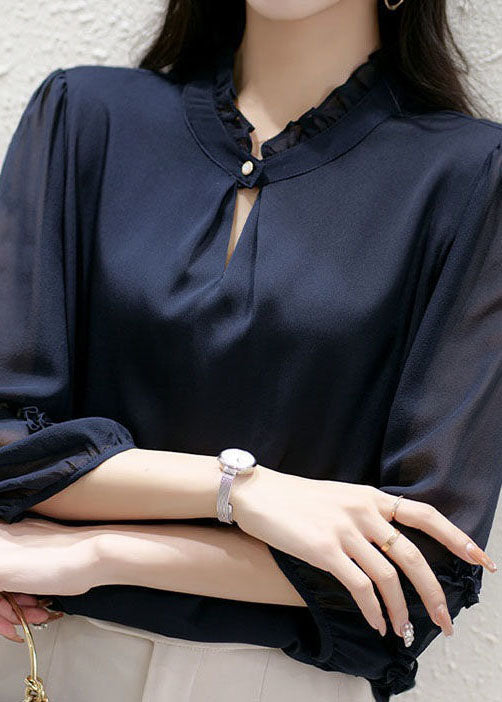 Navy Stand Collar Ruffled Patchwork Silk Top Spring