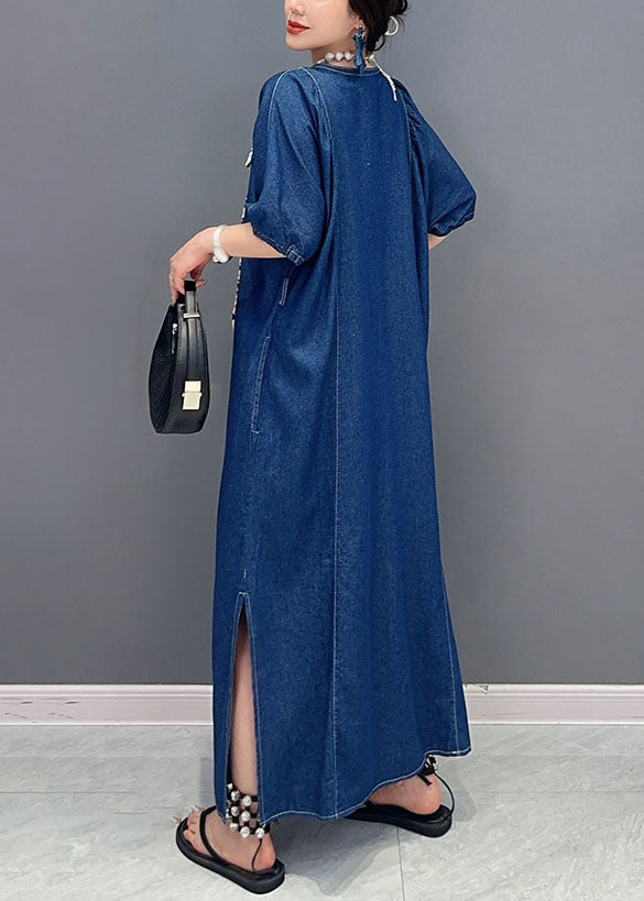 Navy V Neck Tie Waist Side Open Patchwork Denim Dress Summer