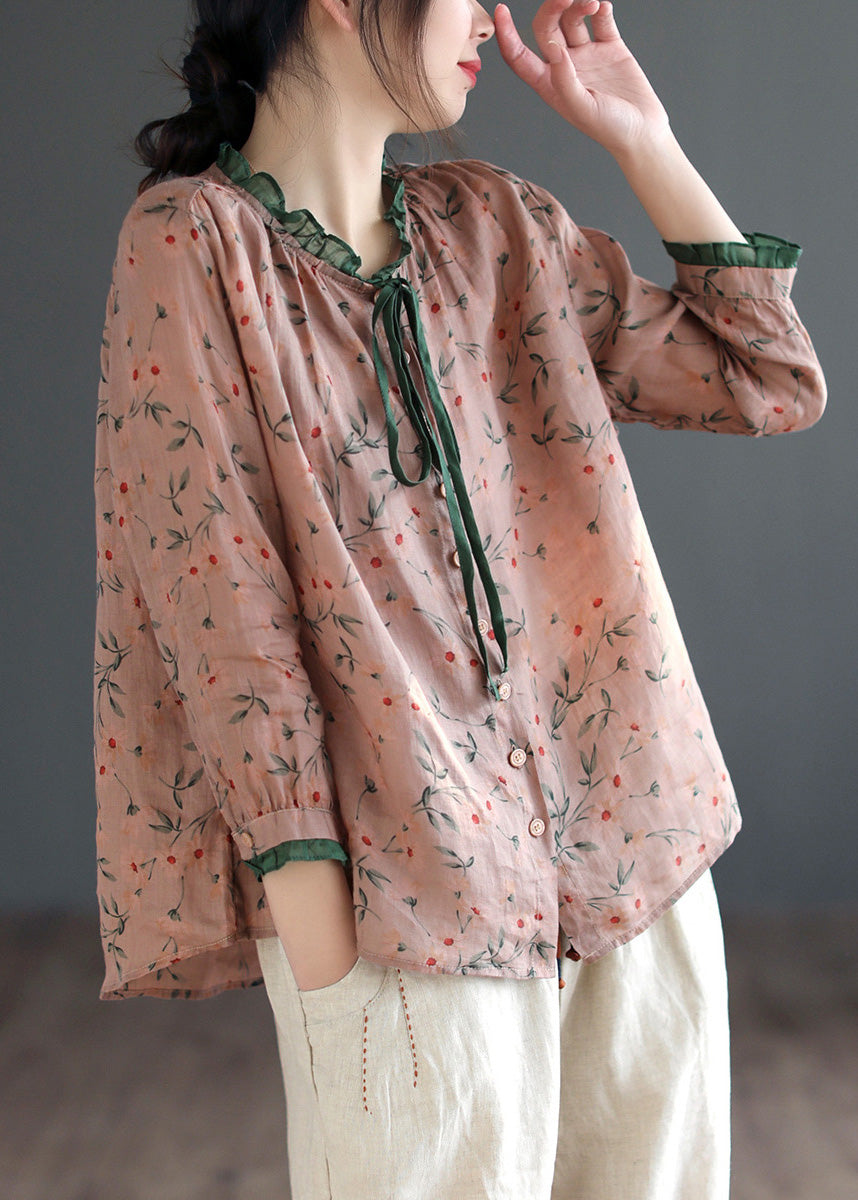 Neck Tie Ruffled Print Low High Design Linen Shirt Long Sleeve