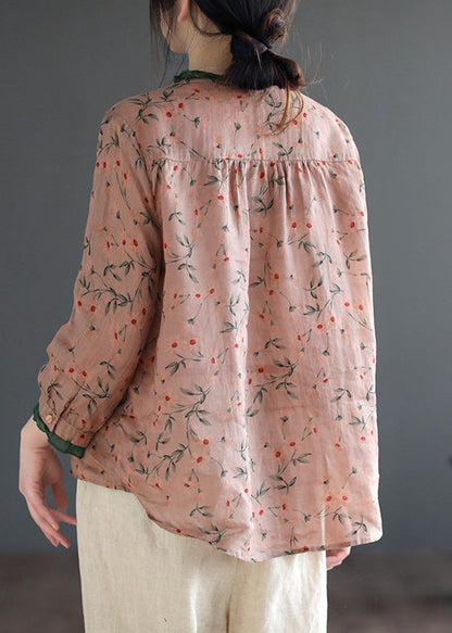 Neck Tie Ruffled Print Low High Design Linen Shirt Long Sleeve
