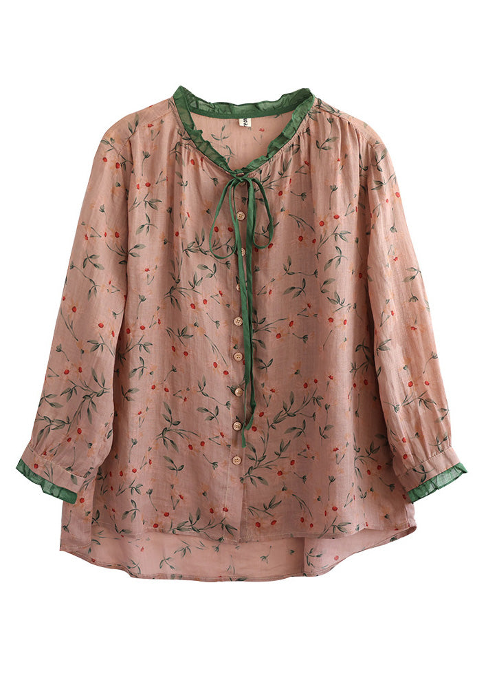 Neck Tie Ruffled Print Low High Design Linen Shirt Long Sleeve