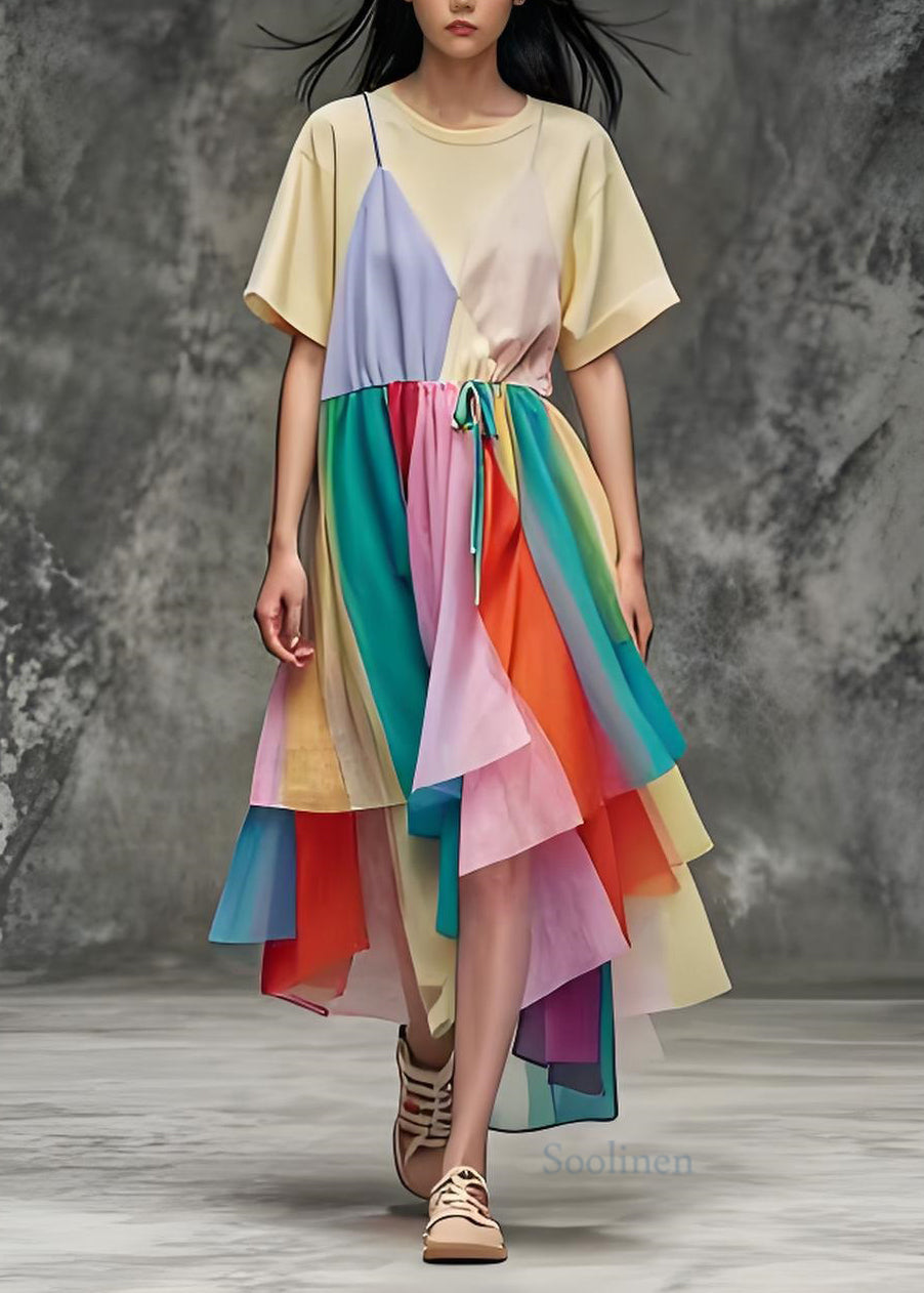 O Neck Asymmetrical Patchwork Cotton Dress Summer