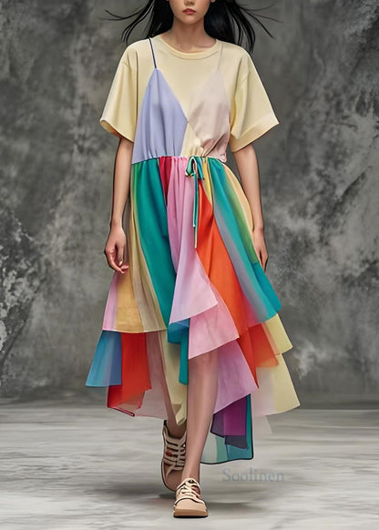 O Neck Asymmetrical Patchwork Cotton Dress Summer