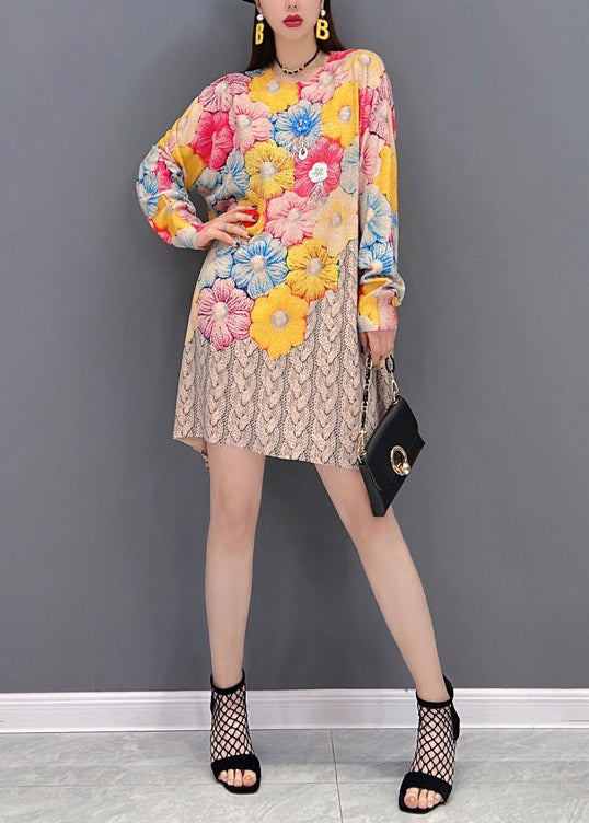 O-neck Print Chiffon Mid Dresses Long Sleeve