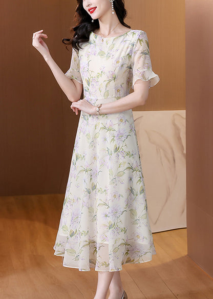 O Neck Print Chiffon Long Dress Summer
