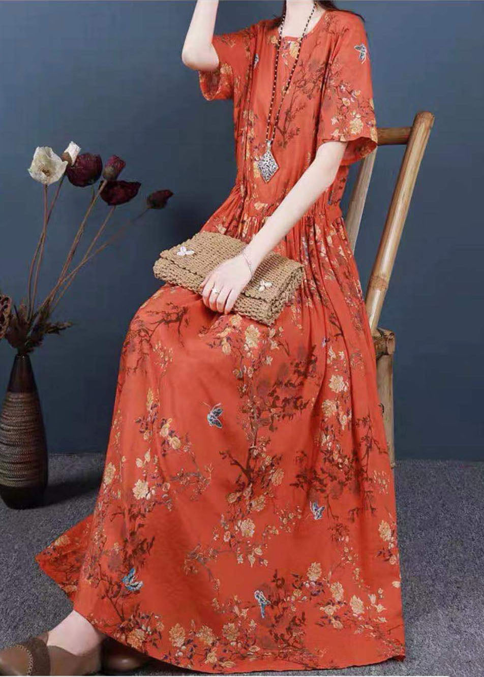 Orange Cinched Print Cotton Long Dress Short Sleeve