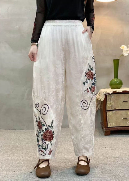 Orange Embroidered Jacquard Pockets Silk Harem Pants Spring