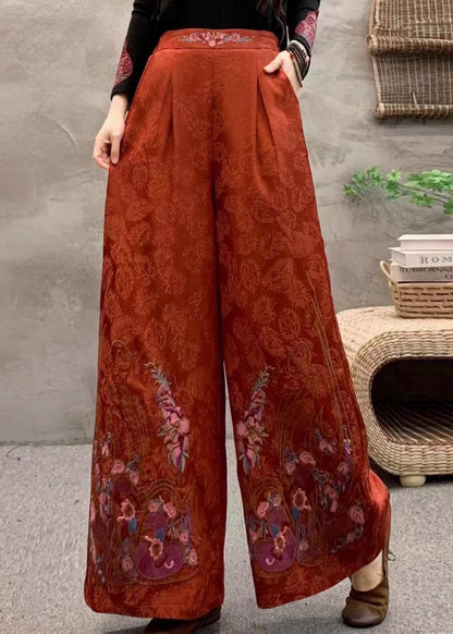 Orange Embroidered Pockets Warm Fleece Pants Trousers Winter