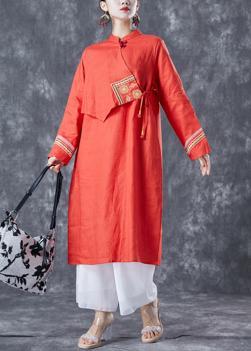 Orange Embroideried Lace Up Linen Holiday Dress Summer