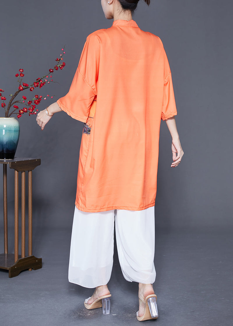 Orange Mandarin Collar Chinese Button Silk Dress Summer