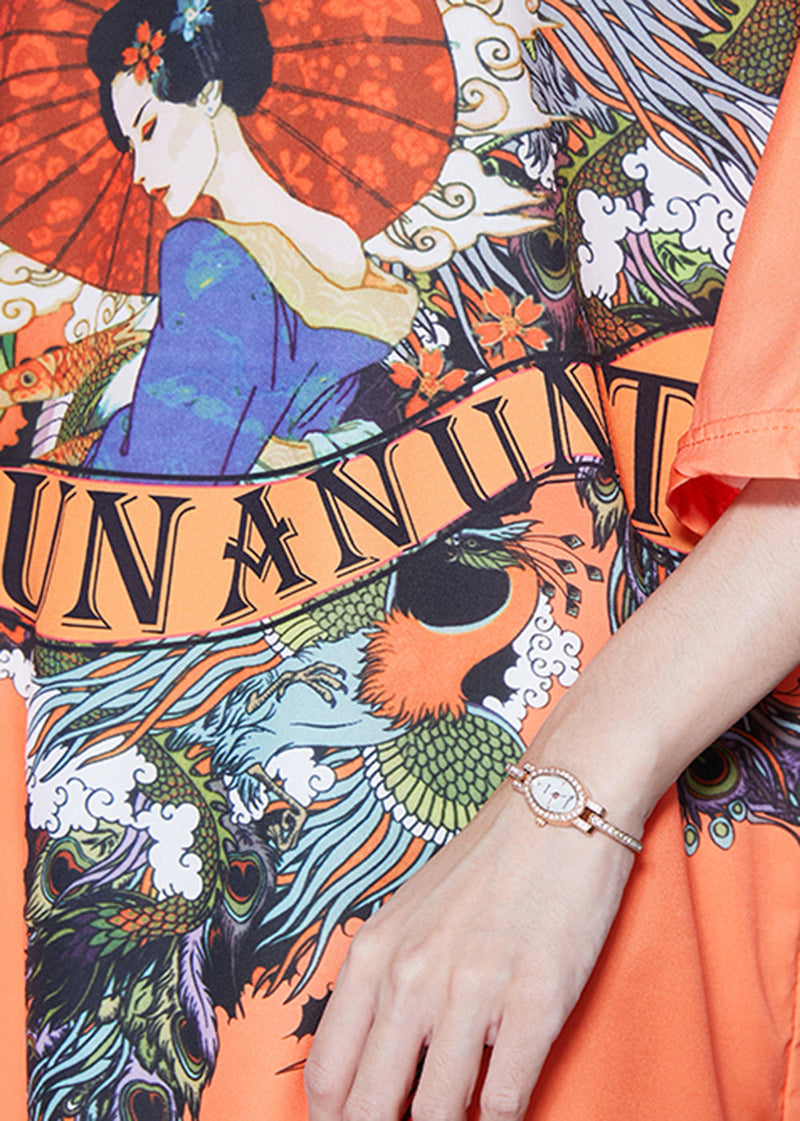 Orange Mandarin Collar Chinese Button Silk Dress Summer