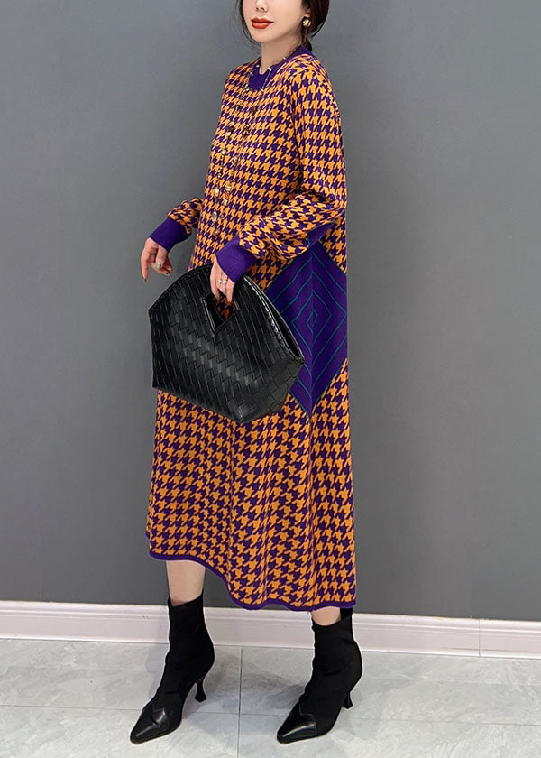 Orange O Neck Patchwork Knit Dress Winter