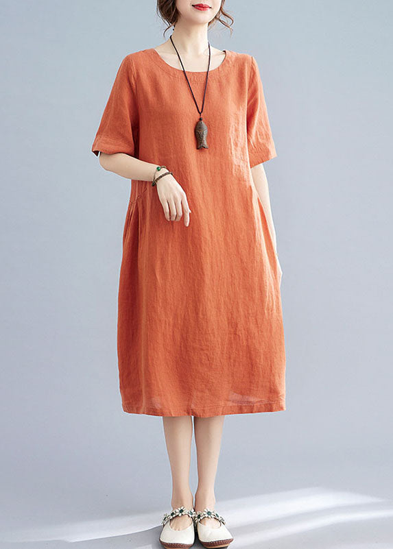 Orange O Neck Wrinkled Patchwork Cotton Dress Summer