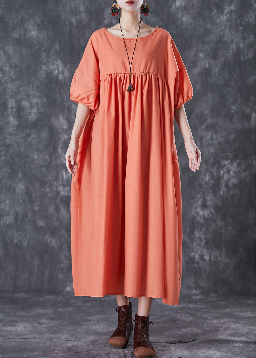 Orange Oversized Patchwork Linen Dress Puff Sleeve