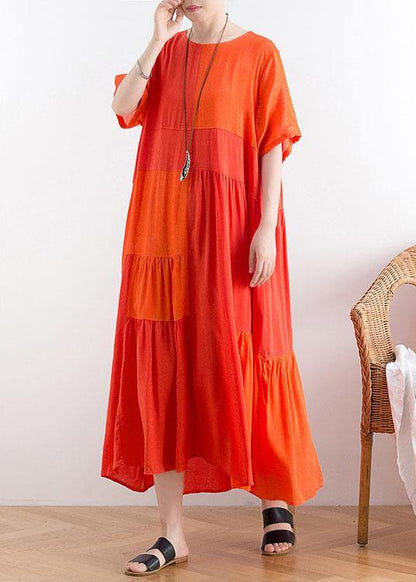 Orange Patchwork Cotton Loose Holiday Dress