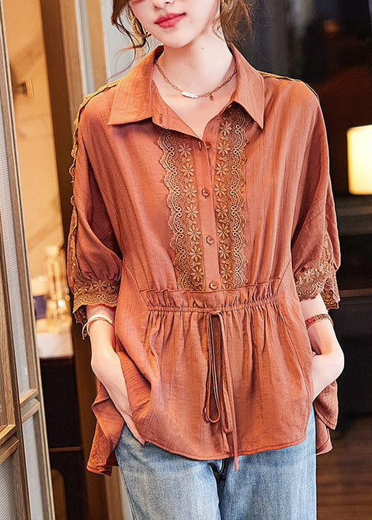 Orange Peter Pan Collar Lace Patchwork Drawstring Tie Waist Button Shirt Batwing Sleeve