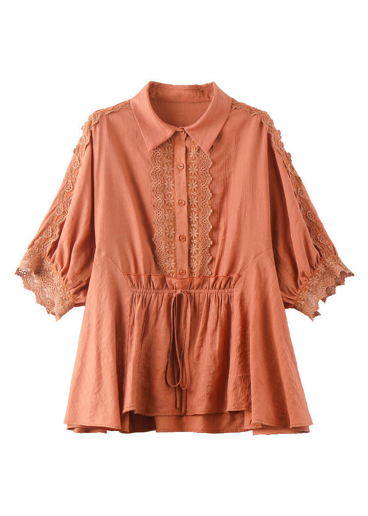Orange Peter Pan Collar Lace Patchwork Drawstring Tie Waist Button Shirt Batwing Sleeve