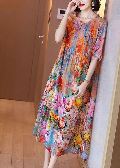 Orange Ruffled Print Silk Beach Dress Summer