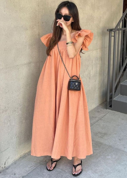 Orange Square Collar Oversized Cotton a Line Dresses Butterfly Sleeve