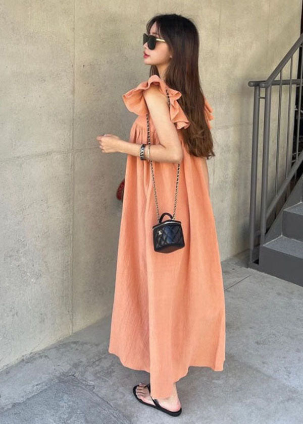 Orange Square Collar Oversized Cotton a Line Dresses Butterfly Sleeve