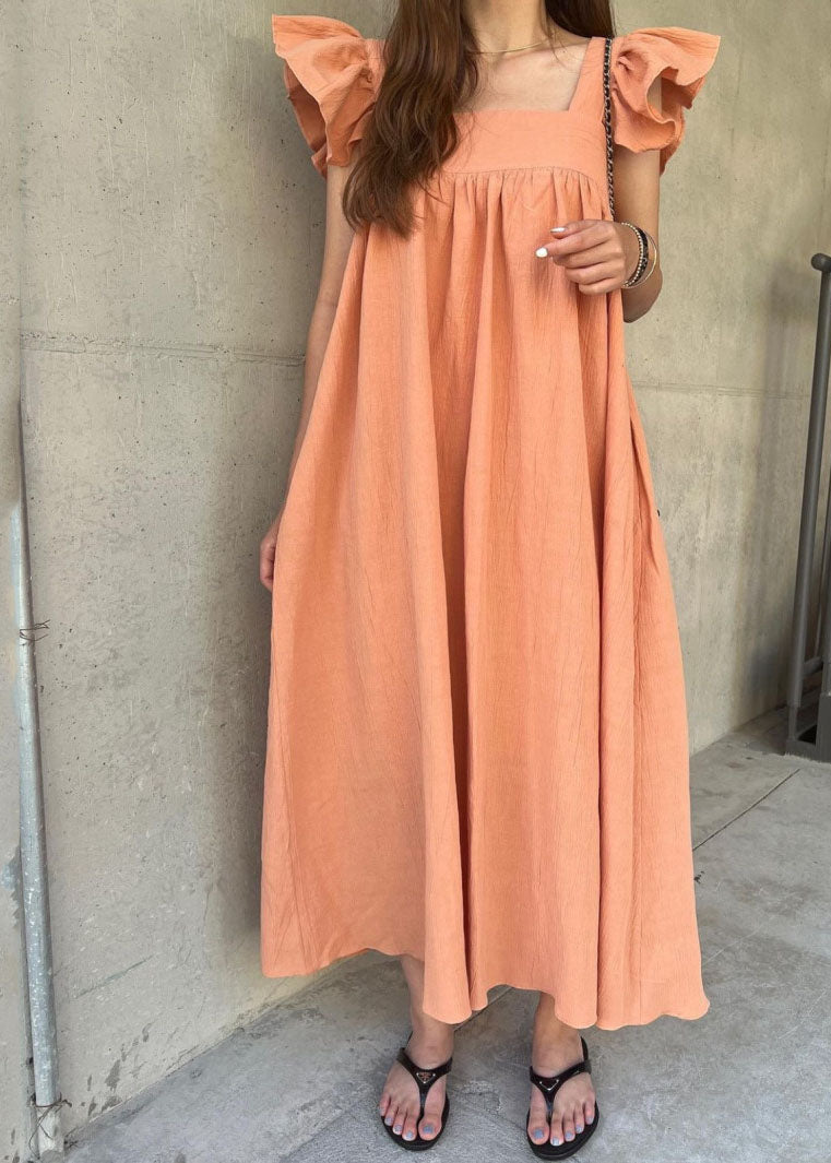 Orange Square Collar Oversized Cotton a Line Dresses Butterfly Sleeve
