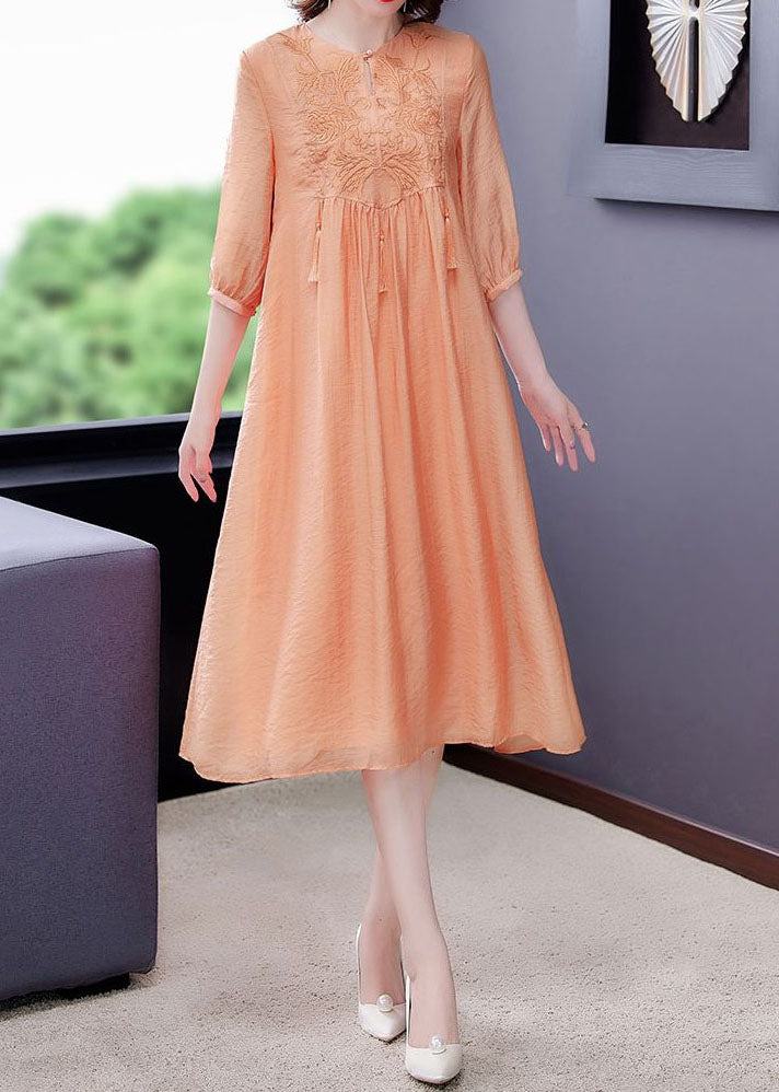 Orange Tasseled Embroidered Patchwork Silk Dress Half Sleeve