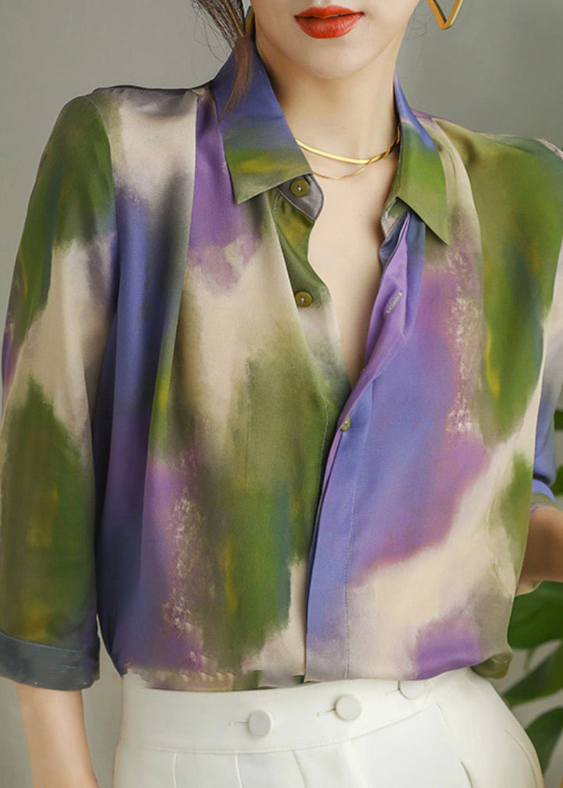 Peter Pan Collar Print Button Silk Shirt Long Sleeve