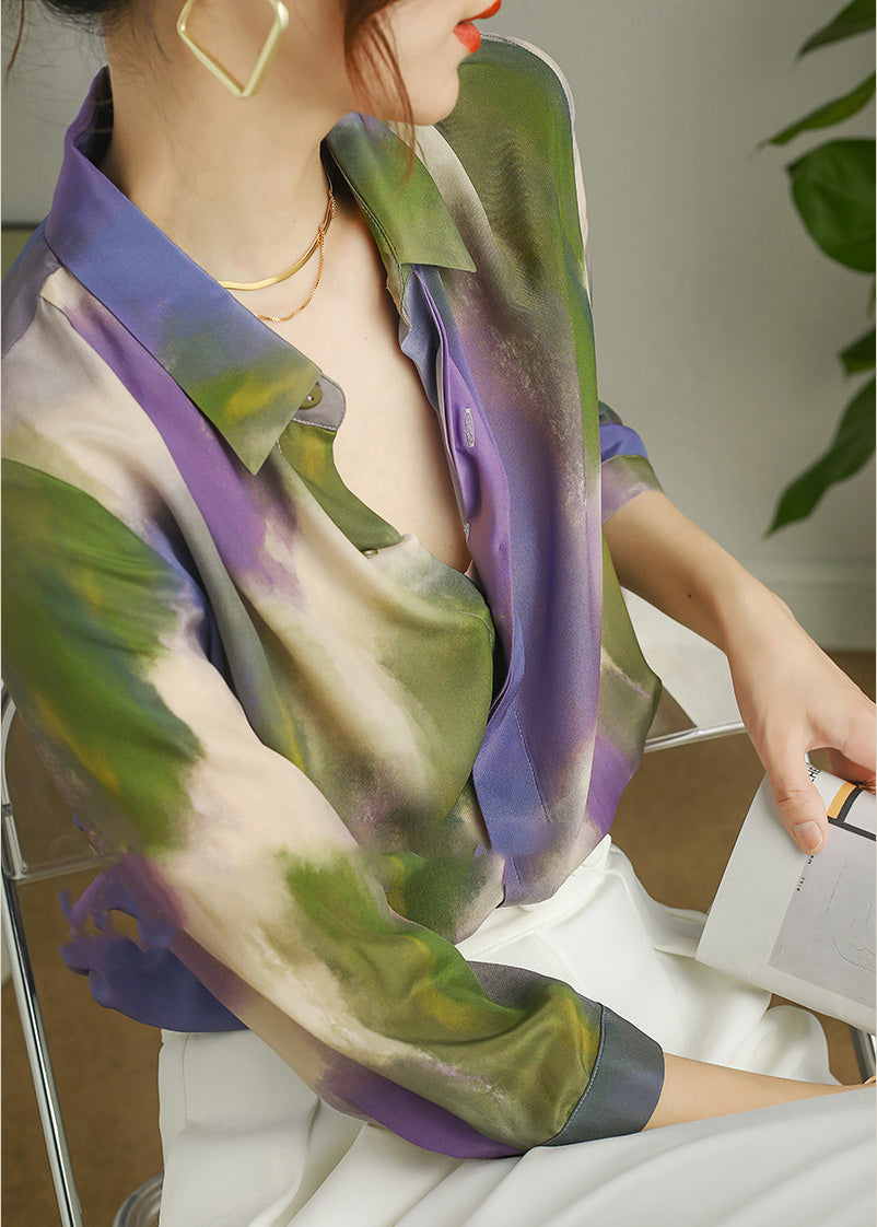 Peter Pan Collar Print Button Silk Shirt Long Sleeve
