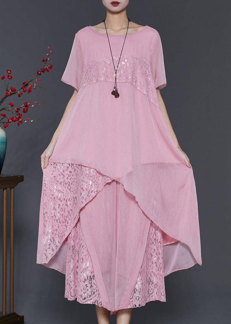 Pink Asymmetrical Patchwork Lace Chiffon Two Pieces Set Summer