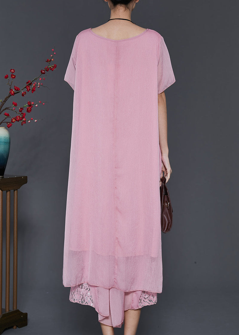 Pink Asymmetrical Patchwork Lace Chiffon Two Pieces Set Summer