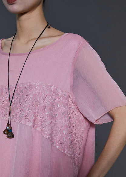Pink Asymmetrical Patchwork Lace Chiffon Two Pieces Set Summer