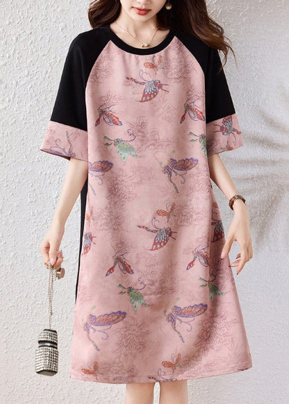 Pink Butterfly Patchwork Cotton a Line Dresses Half Sleeve