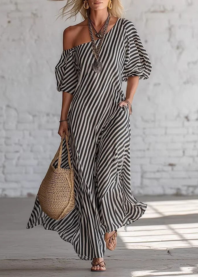 Pink Cold Shoulder Striped Cotton Dress Summer